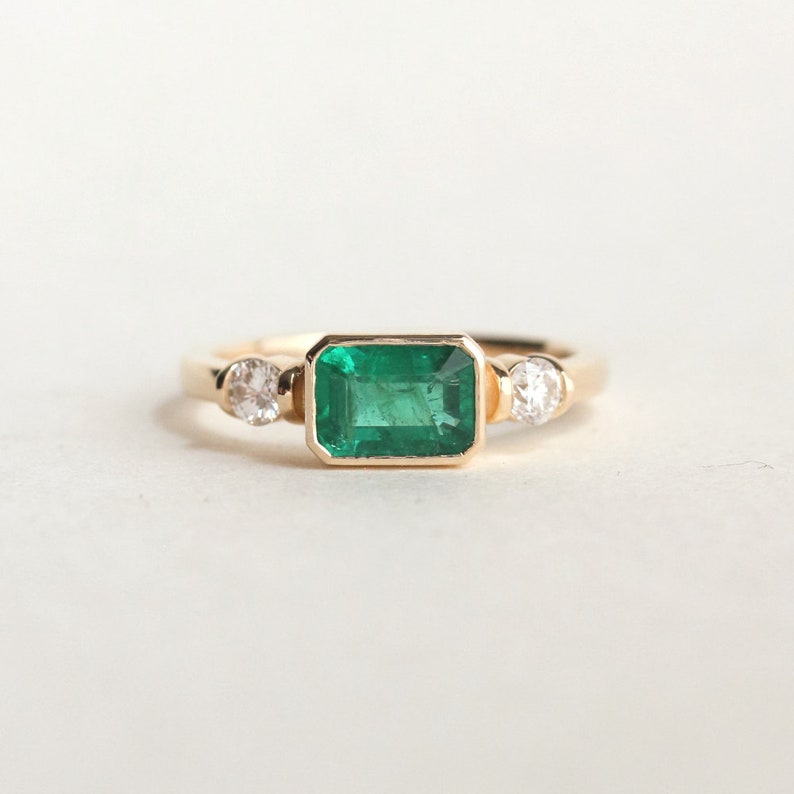 Emerald Engagement Ring East West Engagement Ring Three Stone Ring Green Stone Wedding Ring Emerald 3 Stone Ring The Winona Ring image 2