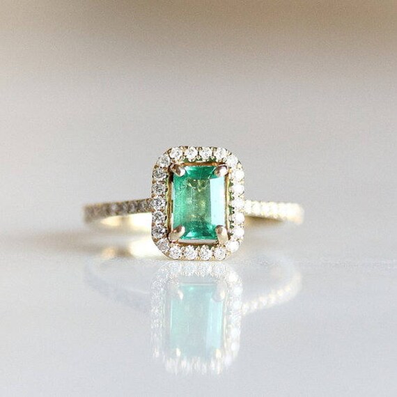 Emerald Halo Engagement Ring Emerald Cut Diamond Wedding Etsy