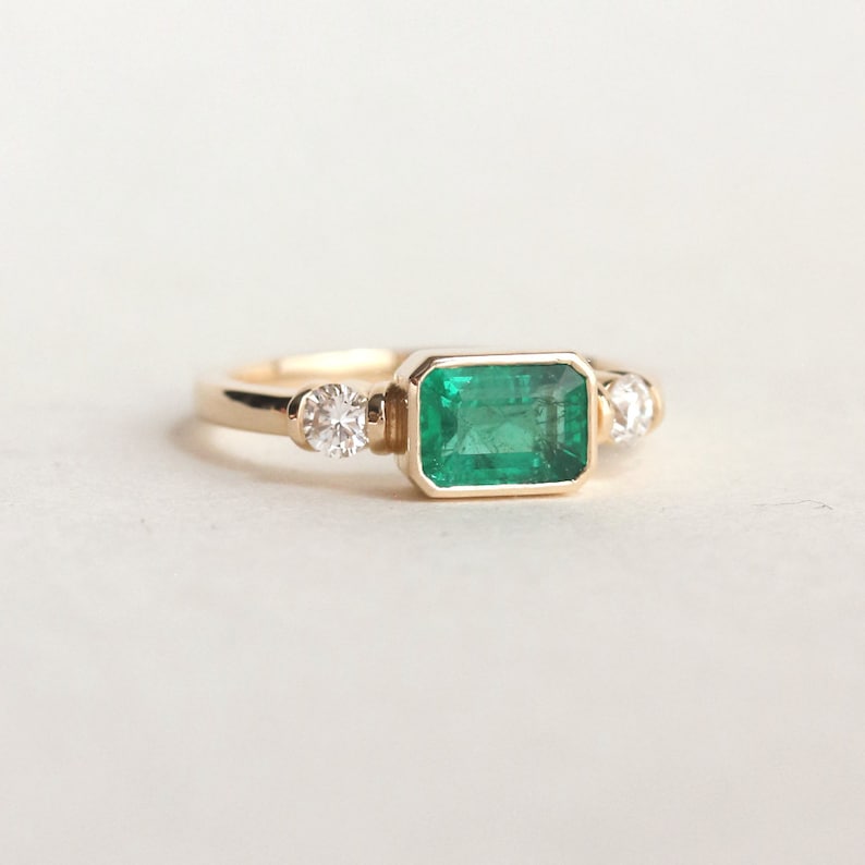 Emerald Engagement Ring East West Engagement Ring Three Stone Ring Green Stone Wedding Ring Emerald 3 Stone Ring The Winona Ring image 3