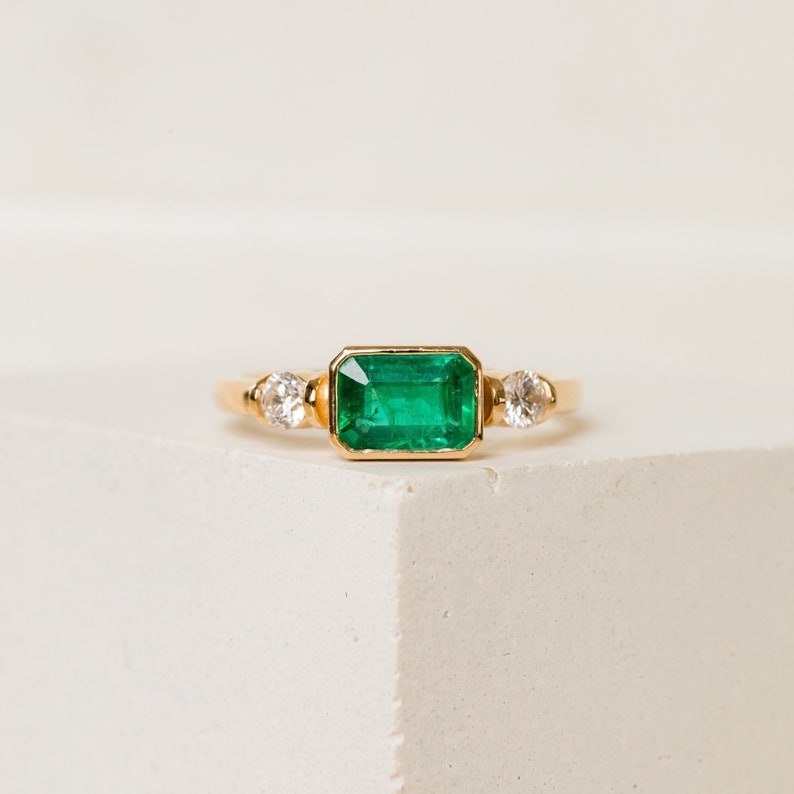 Emerald Engagement Ring East West Engagement Ring Three Stone Ring Green Stone Wedding Ring Emerald 3 Stone Ring The Winona Ring image 1