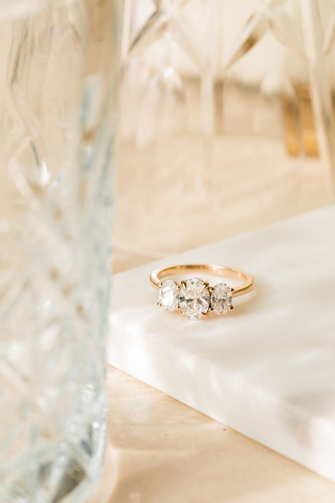 Oval Engagement Ring Lab Diamond Ring Oval 3 Stone Ring Synthetic ...