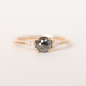 Salt and Pepper Black Diamond Engagement Ring | 3 Stone Rose Gold Ring | Round Rose Cut Diamond | Gray Natural Diamond Ring [The Maeve Ring]