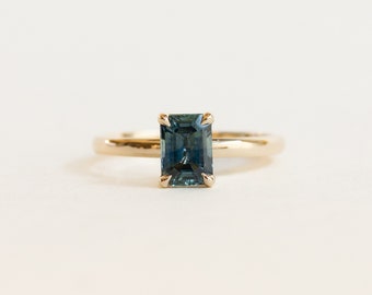 Teal Sapphire Engagement Ring | Emerald Cut Engagement Ring | Yellow Gold Ring | Emerald Cut Solitaire Ring [The Giselle Ring]