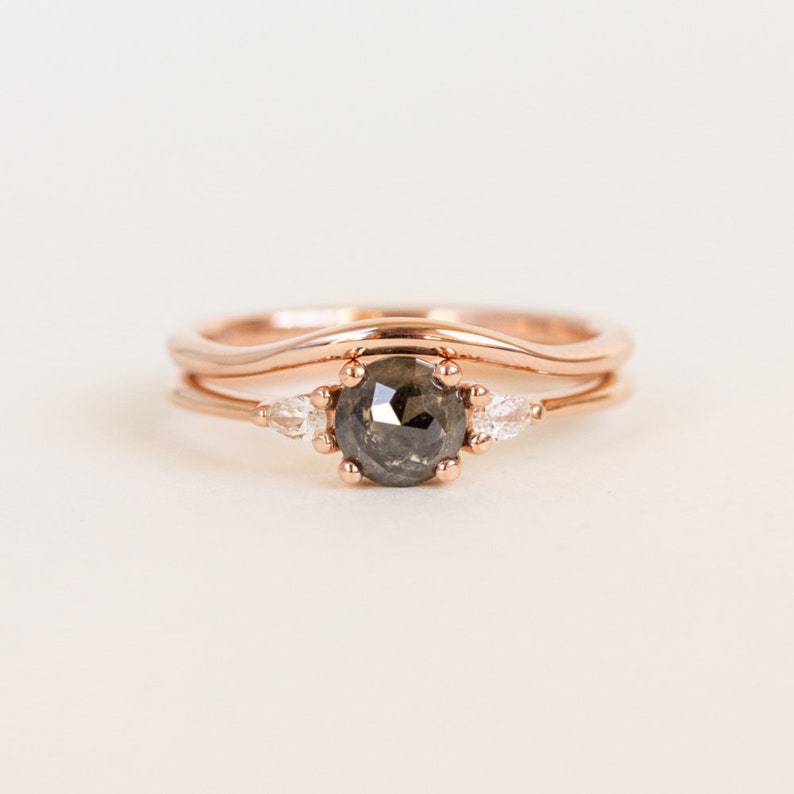 Salt and Pepper Black Diamond Engagement Ring 3 Stone Rose Gold Ring Round Rose Cut Diamond Gray Natural Diamond Ring The Maeve Ring image 6