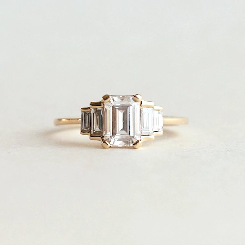 Emerald Cut Ring Baguette Engagement Ring Five Stone Ring Vintage Inspired Ring Moissanite Diamond Ring The Taylor Ring image 2