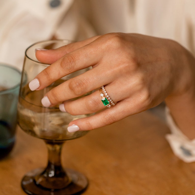 Emerald Engagement Ring East West Engagement Ring Three Stone Ring Green Stone Wedding Ring Emerald 3 Stone Ring The Winona Ring image 7