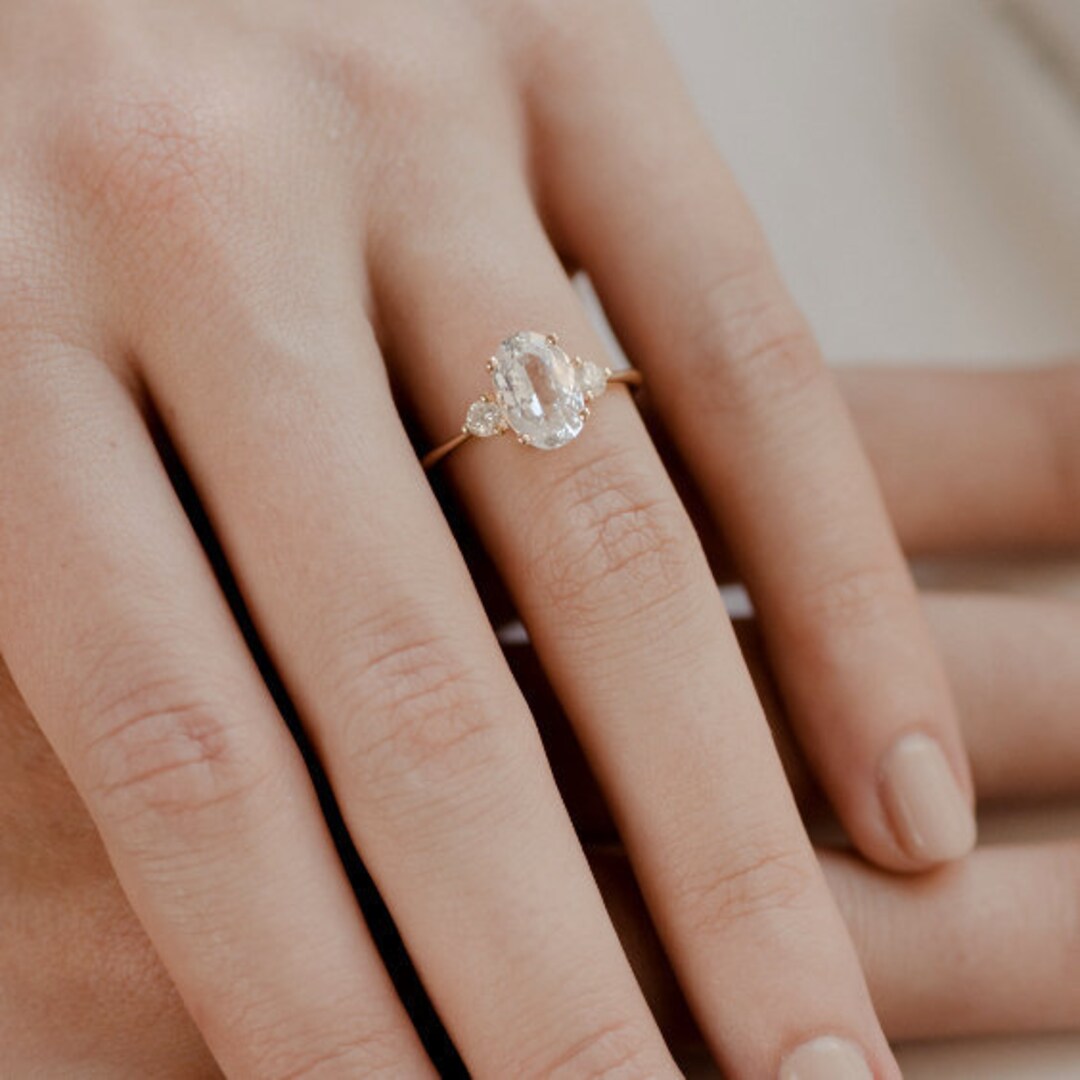Oval Engagement Ring White Sapphire Engagement Ring Three Stone Ring Oval Sapphire Wedding Ring Oval 3 Stone Ring the Adah Ring Etsy