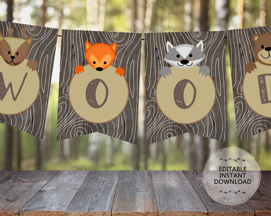 Cute Woodland Party Banner Editable Printable DIY Instant | Etsy