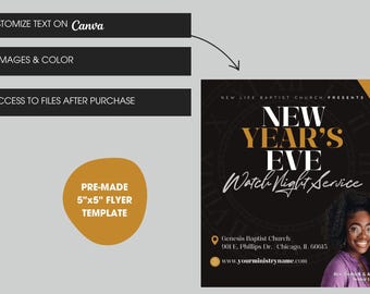 New Year's Eve Worship Service Flyer, Watch Night Service Flyer, New Year's Eve, New Year's Church Service Flyer,Editable Flyer Template