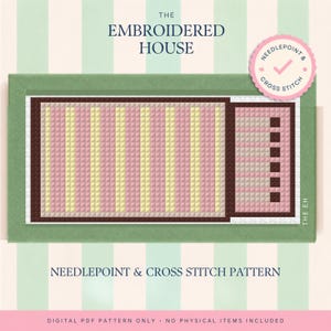 May include: A digital needlepoint and cross stitch pattern by The Embroidered House featuring a rectangular design with vertical pink and yellow stripes, bordered by a dark brown frame, and a side section with small dark brown squares.