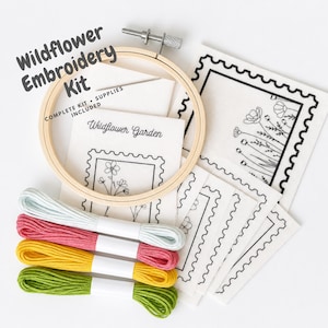 Wildflower Beginner Embroidery Kit, Complete Hand Embroidery Starter Kit, 8 Floral Stick & Stitch Patterns, DIY Craft Gift for Adults