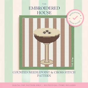 Patrón de tapicería Espresso Martini en PDF, patrón de punto de cruz contado, tapicería moderna de cóctel, diseño de rayas estilo preppy, descarga digital.