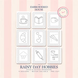 9 disegni Stick & Stitch per ragazze, stile timbro retrò, attività sotto la pioggia, ricamo a mano fai da te, grembiule personalizzato, lettura, pasticceria, caffè, amante
