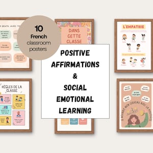 以下が含まれることがあります： 肯定的なアファメーションと社会感情的学習のテーマを扱った、カラフルなフランス語の教室用ポスター10枚。ポスターには子供たちのイラストとフランス語のテキストが描かれています。