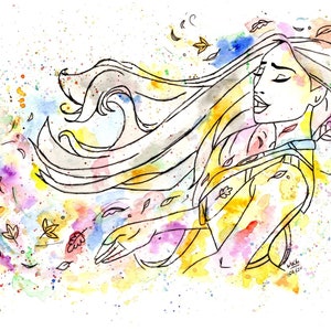 Farben des Windes, Pocahontas Fan Art. A4 Druck, Wandkunst, Aquarell Malerei, Signiert.