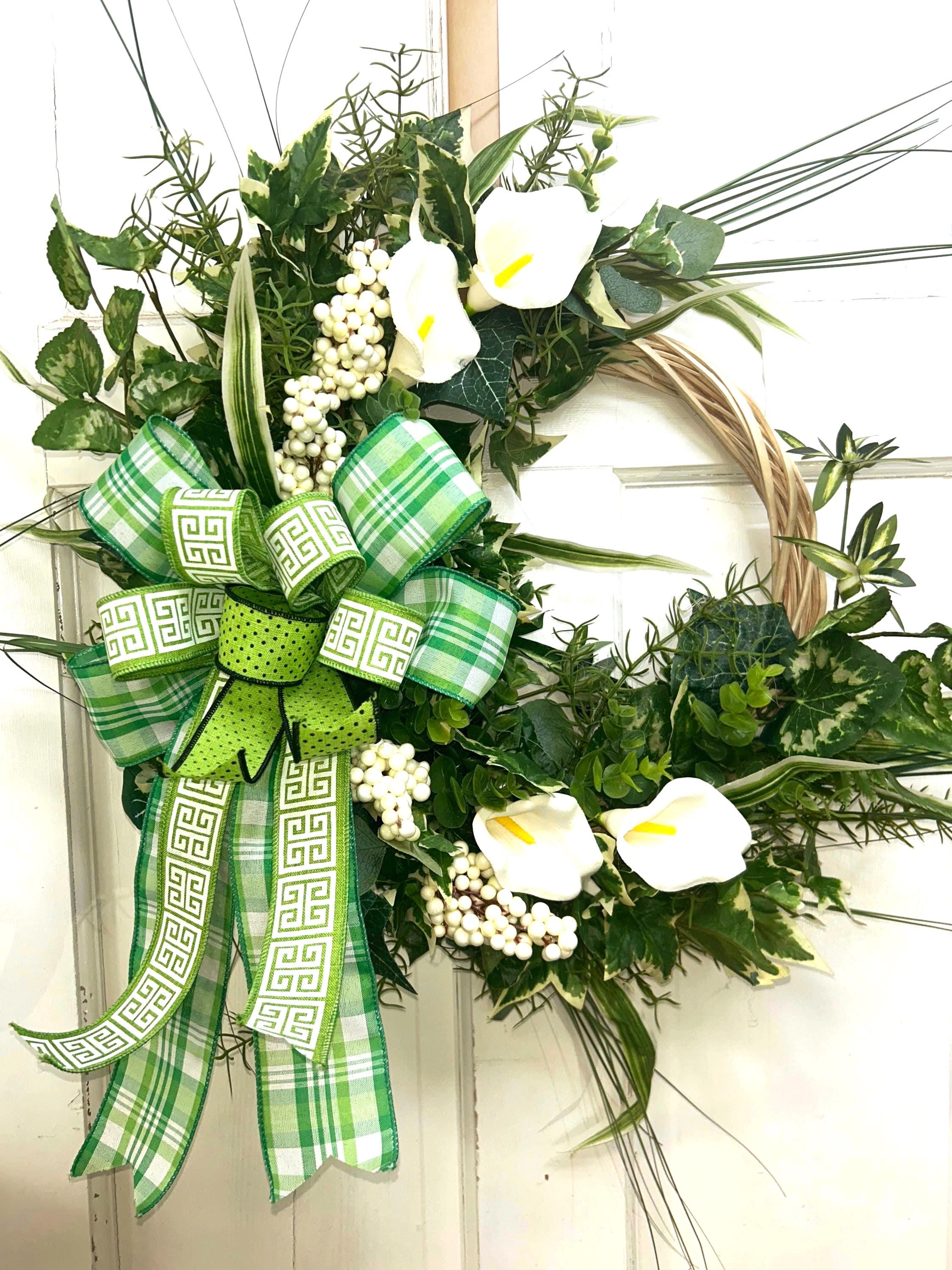 Calla Lily Wreath: Farmhouse Grapevine Wreath with Green Plaid Bow