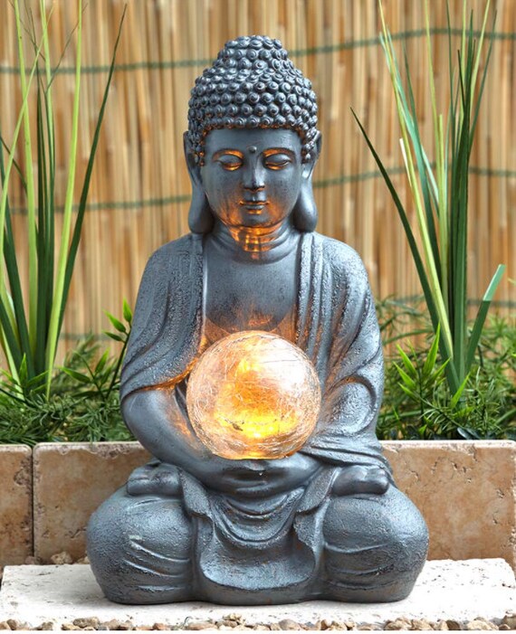 TERESAS COLLECTIONS Garden Buddha Statue with Solar Lights Meditating Buddha Serene Decorative Sitting Sculpture with Lotus for Table Desk Outdoor Patio Yard and Zen Decorations 12.6 Inch