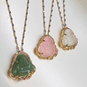 BUNTE BLING Lucky Laughing Buddha Charm Halskette Jade Naturstein Edelstahl Buddha Armband mit CZ Kristall Frauen Männer