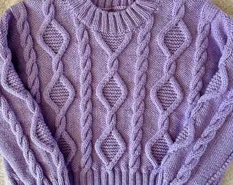 Hand Knit Women's Oversized Sweater Pullover Light Purple Chunky Cables Size Medium