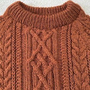 May include: Close-up of a rust-colored knitted sweater. The sweater features a ribbed crew neck and intricate cable knit patterns across the chest and sleeves. The warm, earthy tone and textured design suggest a cozy, handmade garment, perfect for cooler weather.