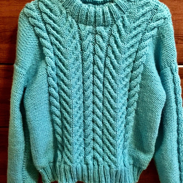 Hand Knit Women's Sweater Pullover Blue Aqua Turquoise Chunky Cables Size Small