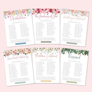 Pode incluir: Seis planos de escrita de escrituras imprimíveis com designs florais e tropicais. Cada plano tem um título, como "Unshaken", "The Goodness of God", "Waiting on the Lord", "Spiritual Maturity", "Broken Cisterns" e "Rescued". Cada plano inclui uma lista de versículos das escrituras para escrever ao longo de 30 dias.