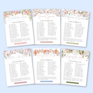 May include: Six rectangular scripture writing plan sheets with floral headers in pink, orange, and green. Each sheet features a unique title like Created for Home, Sacred Spaces, Pilgrims & Exiles, Shelter in the Storm, Homegrown Faith, and Longing for Home.