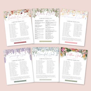 May include: Six printable scripture writing plans with floral borders. Titles include "Behold Our God," "Names of God," "Promises of God," "Sovereign God," "Merciful God," and "Father God." Each plan features a list of scripture references.