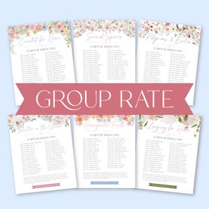 May include: Six white scripture writing plan sheets with floral headers in pink, orange, and blue. Each sheet features a unique title in cursive script and a list of daily bible verses. A large pink banner across the center reads GROUP RATE.
