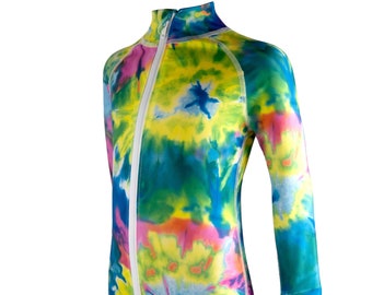 Rash Guard, UPF50, Fleurs d'eau, Haut de surf, Fermeture éclair, Maillot de bain, Poignets avec trou pour le pouce, Protection solaire, Maillots de bain, Haut de bain | par ShadeSuits