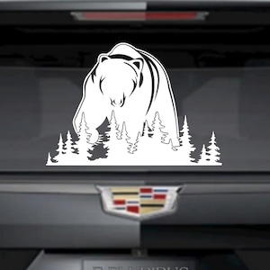 Bear Outdoor Scene Decal | Grizzly Bear | Black Bear Trees |  Exterior / Interior Vinyl Decal Bumper Sticker - Various Colors & Sizes