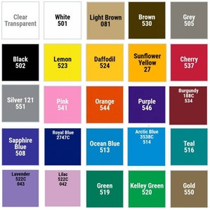 May include: A color chart with 25 different colors, each with a name and a number. The colors are arranged in a grid of five rows and five columns. The colors include clear transparent, white, light brown, brown, grey, black, lemon, daffodil, sunflower yellow, cherry, silver, pink, orange, purple, burgundy, sapphire blue, royal blue, ocean blue, arctic blue, teal, lavender, lilac, green, kelley green, and gold.