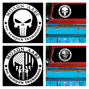 Punisher Skull - Molon Labe - Sic Semper Tyrannis - America Flag - Flag - 2 Styles - USA - Vinyl Decal Sticker - Various Sizes & Colors