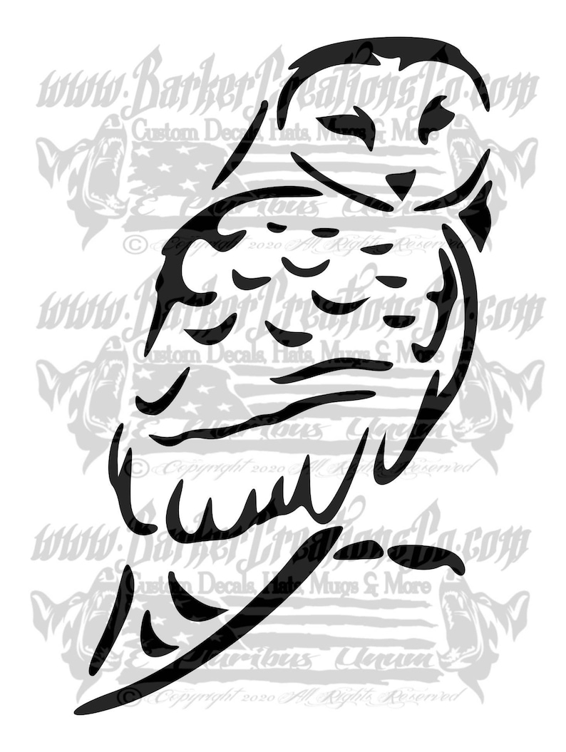 May include: Black and white silhouette of an owl with its wings spread out. The owl is facing to the right. The image is a simple, stylized design.
