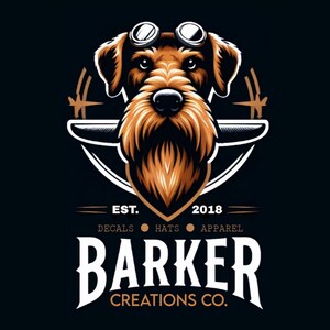 May include: A logo for Barker Creations Co. featuring a brown and white wirehaired terrier dog wearing aviator goggles. The dog is holding a propeller in its mouth. The logo also includes the text "EST. 2018" and "DECALS HATS APPAREL".