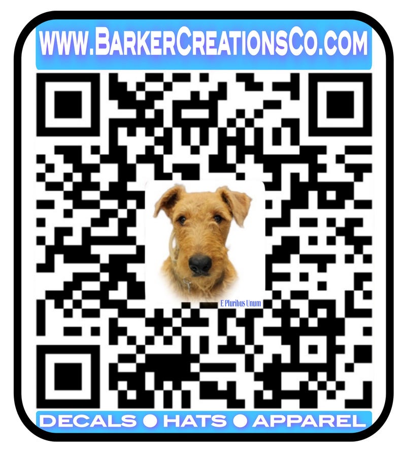 May include: Black and white QR code with a dog's head in the center. The text "www.barkercreationsco.com" is at the top of the image. The text "DECALS  HATS  APPAREL" is at the bottom of the image.