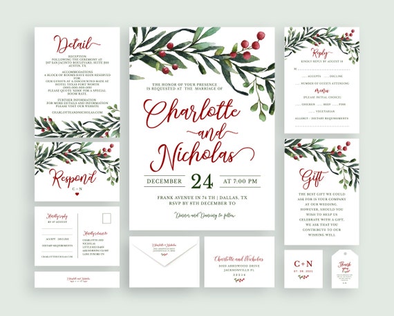 Christmas Wedding Invitation Template Mistletoe Wreath - Etsy