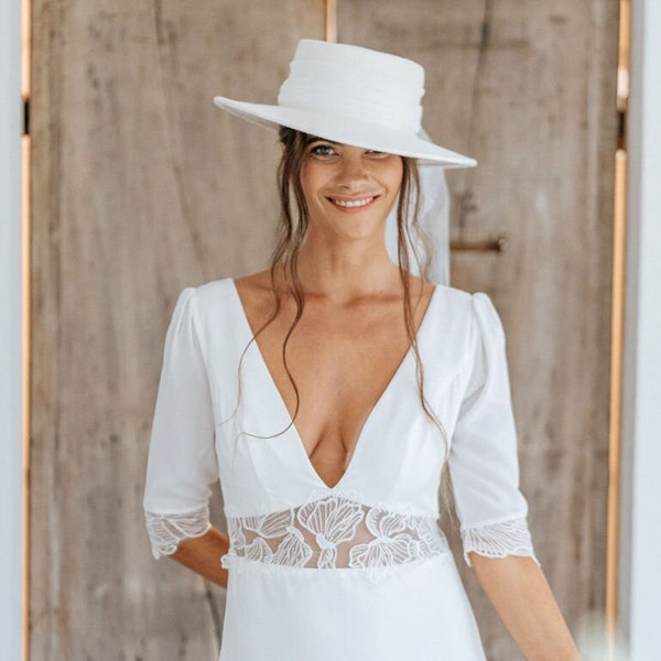 Elegant Cream Wedding Hat with Short Veil - Bridal Headpiece