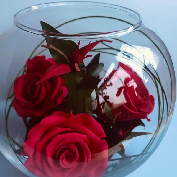 Preserved Luxury,Mother's Day,Elegance,Natural, Hot Pink, Roses,Bowl, Glass,Vase