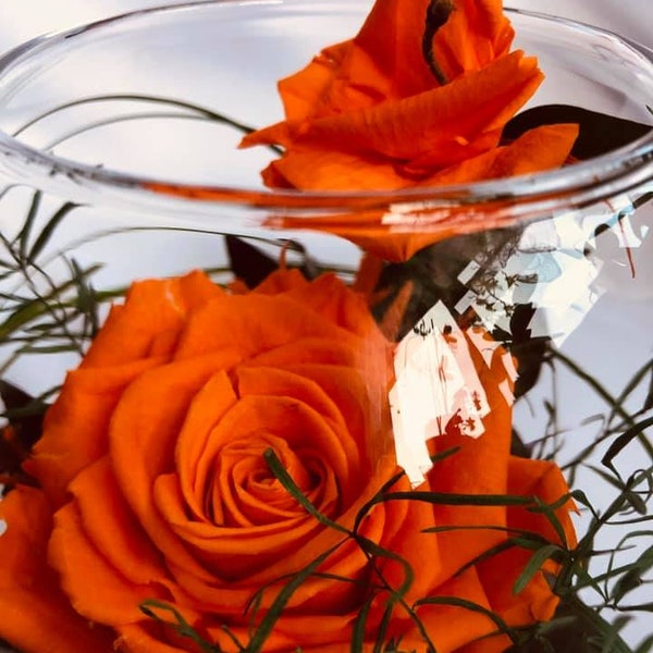 Preserved Luxury,Mother's Day,Elegance,Natural,Hot,Orange, Roses,Bowl, Glass,Vase, Beautiful,Green Leaves