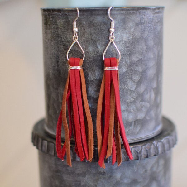 Long Tassel Leather Earrings - Red & Brown Leather - Rustic Boho Tribal Trending