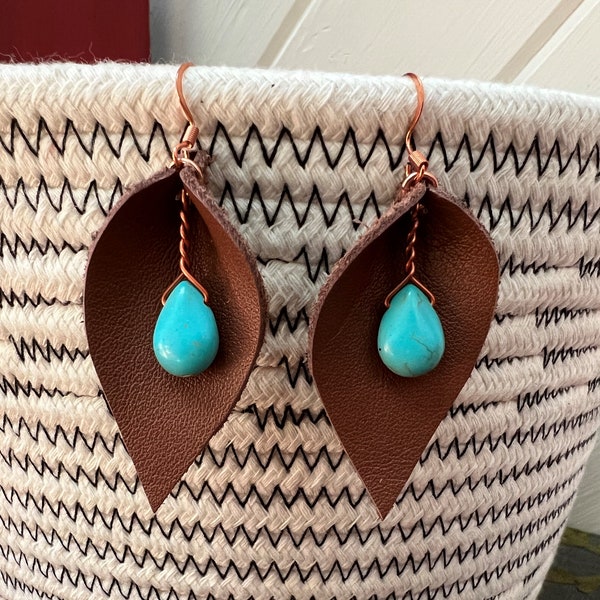 Turquoise Brown Leather Earrings | Copper Wire Wrap | Turquoise Teardrop | Lightweight | Boho Earrings