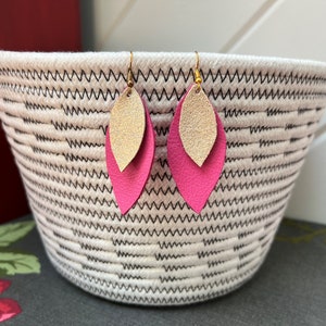 Pretty in Pink | Layered Leather Earrings | Hot Pink & Shimmery Gold | Boho Vibe Handmade Lightweight
