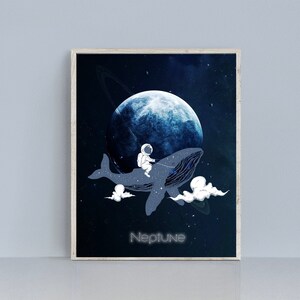 May include: A blue whale with a starry pattern swims through a dark blue space with a blue planet and a white astronaut riding on top. The text "Neptune" is written below the whale.