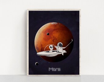 Baby Astronaut & alien taking selfie poster, Mars Wall Art, Solar system nursery digital print, Space themed nursery decor, Toddler Room art