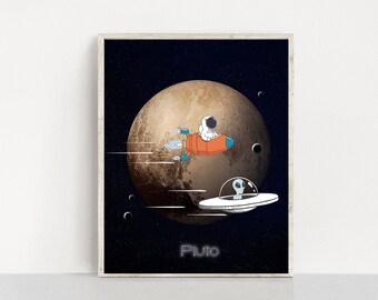 Space themed nursery decor, Toddler Room solar system wall art, Baby Astronaut &baby alien space wall Art, planets Pluto poster downloadable