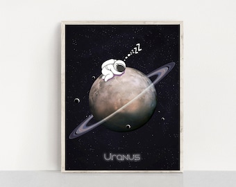 Sleeping Baby Astronaut on Uranus Poster, Solar system nursery digital print, Planets posters, Space themed nursery, Toddler Room wall art