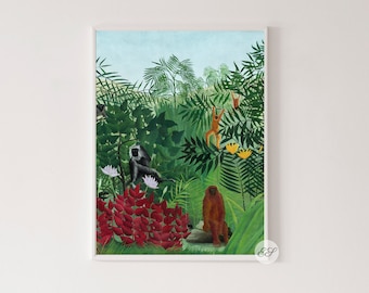 Henri Rousseau: Tropisch bos met apen (1910) Digitale print, exotische jungleschilderij, Franse post-impressionistische schilder kunst aan de muur