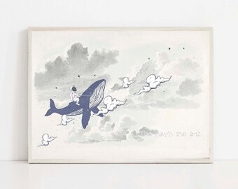 Vintage Baby Astronaut and Whale Poster, Astronaut Wall Art, Space Printable, Toddler Room Decor, Boy Bedroom Decor, The Sky's the limit Art