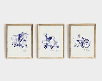 Vintage Car Nursery Print Set of 3, Car Blue Sketches, Retro Car Nursery, Vintage Car Poster Set, Minimalist Nursery Decor, Car Printable